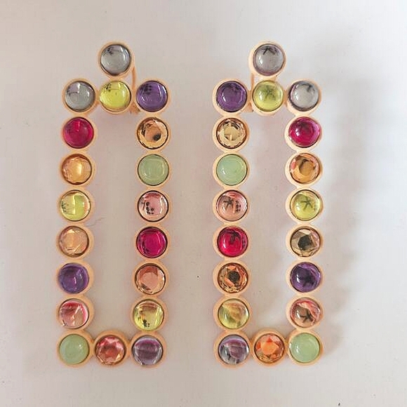 Beautiful Statement Faux Gem Post Earrings Rectangle Colorful Fashion - Picture 1 of 4